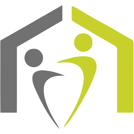 Eine graue und eine gelbe abstrakte Figur, die jeweils einer Person ähneln, stehen sich innerhalb von zwei schrägen Linien gegenüber, die eine Hausform bilden. Das Design ist gespiegelt, wobei eine Figur und ein Haus in Grau und das andere in Gelb gehalten sind.