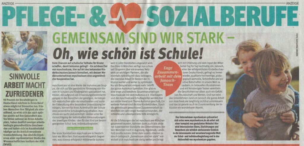 Ein deutscher Zeitungs- oder Zeitschriftenartikel über Pflege- und Sozialberufe zeigt ein Foto von drei lächelnden Kindern, die im Freien spielen, und ein kleineres Foto von einer Frau, die zwei Kinder umarmt. Text und farbige Überschriften füllen den Rest der Seite.