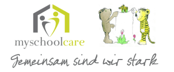 Logo mit dem Text myschoolcare und dem Slogan Gemeinsam sind wir stark. Rechts Abbildungen eines braunen Bären und eines gelben Tigers, die Schnüre halten, an denen eine Biene und eine Blume hängen.