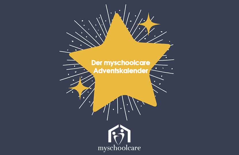 Ein großer gelber Stern mit Glitzer auf dunklem Hintergrund zeigt den deutschen Text "Der myschoolcare Adventskalender". Unter dem Stern befindet sich das myschoolcare-Logo in Weiß.